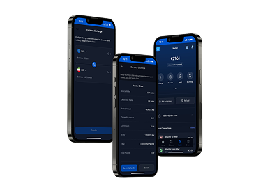 Go2Pal app showing multi-currency wallet and exchange screens