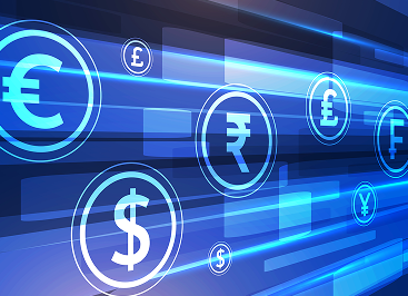 Abstract visualization of global currencies connected by light trails